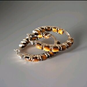 Genuine South African Tiger's Eye Inside Outside Hoop Earrings